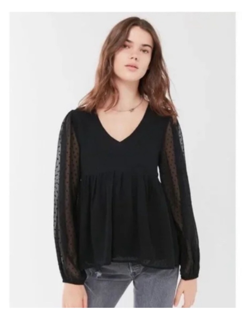 Urban Outfitters Black Sheer Clip French Dot Babydoll Top Peplum Blouse